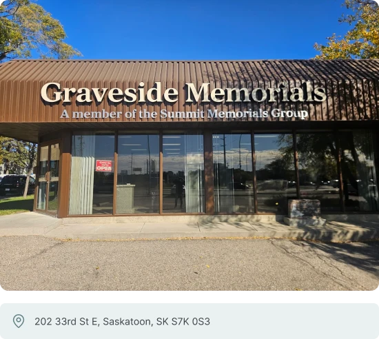 Graveside Memorials storefront at 202 33rd St E in Saskatoon
